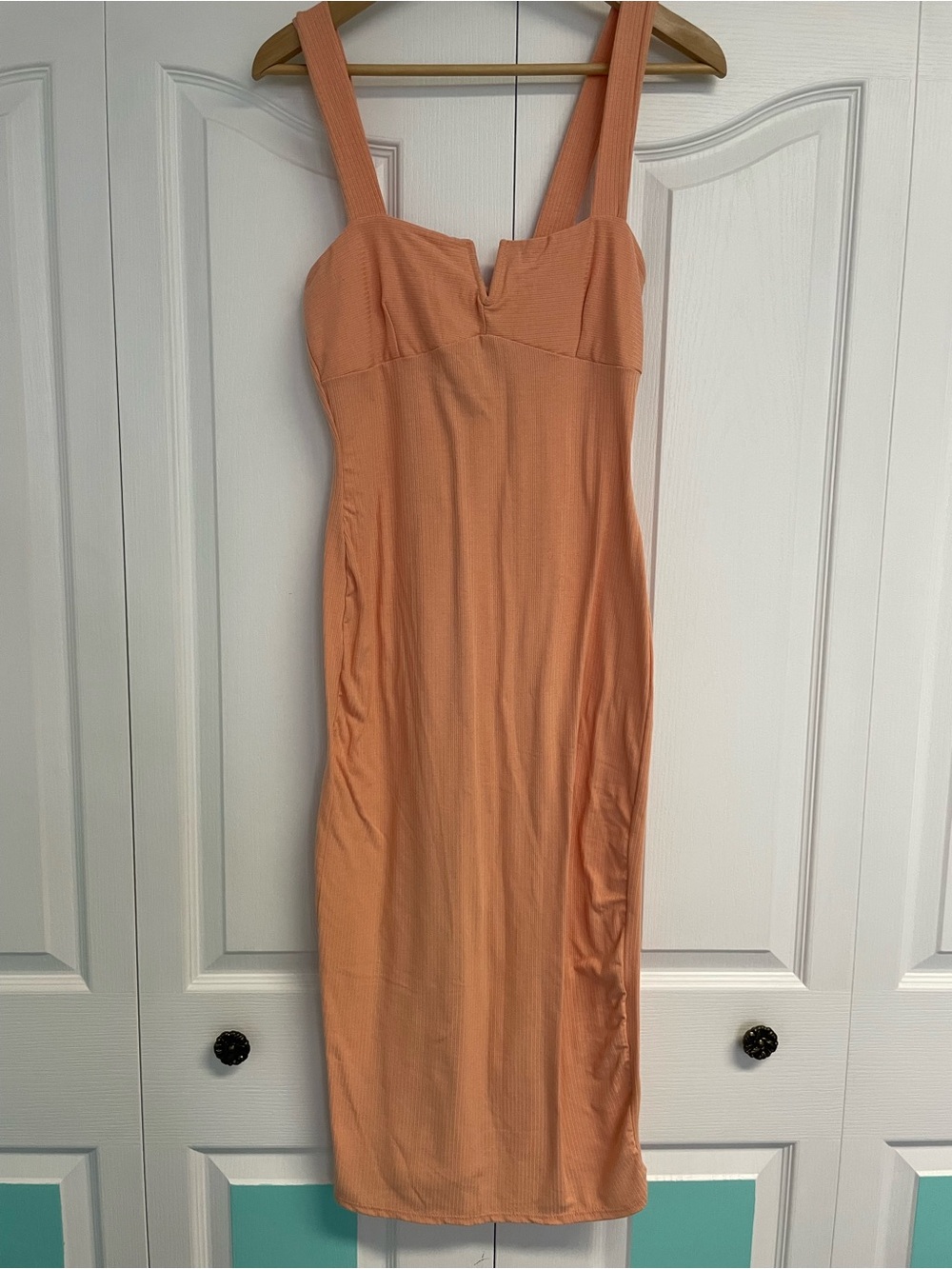 Caution To The Wind Peach Ribbed Midi Dress